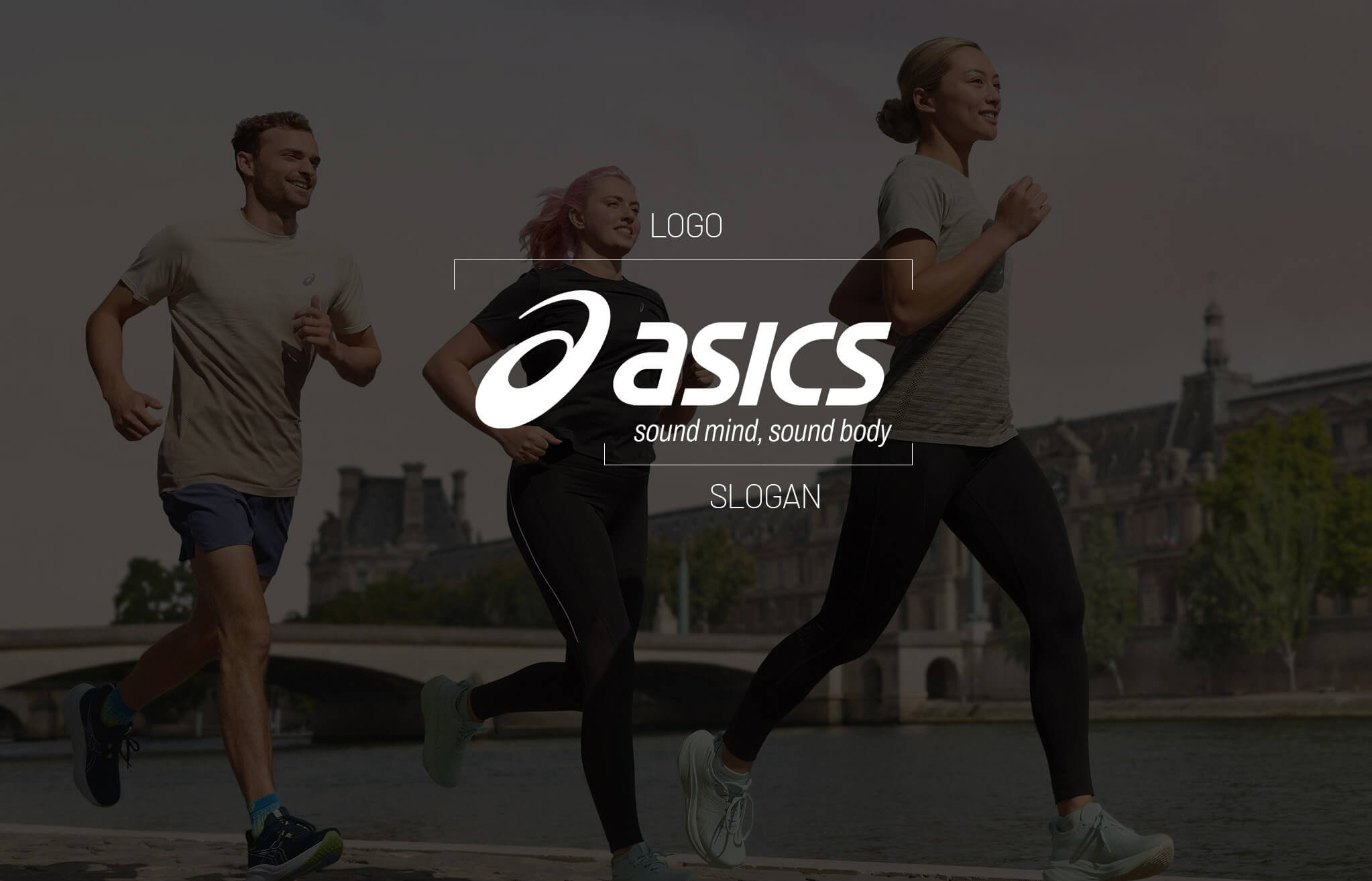 Asics Sound Mind Sound Body Slogan Asics slogan promoting holistic wellness and athletic balance