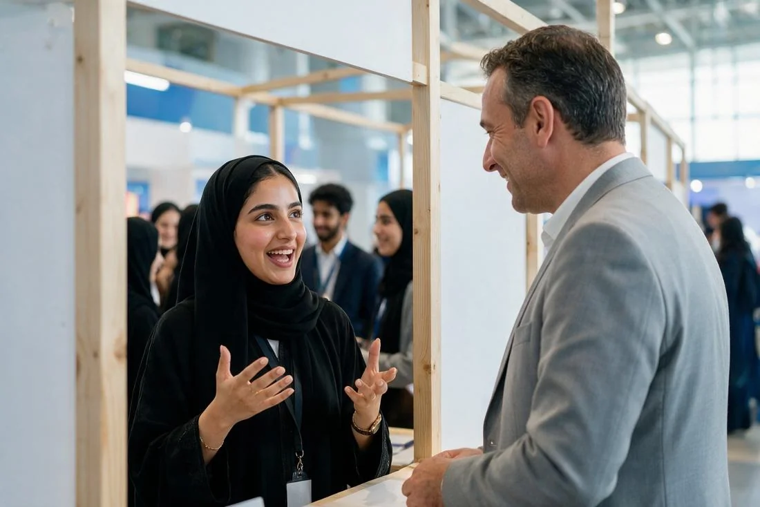 Student talking with an adviser at a university programmes fair