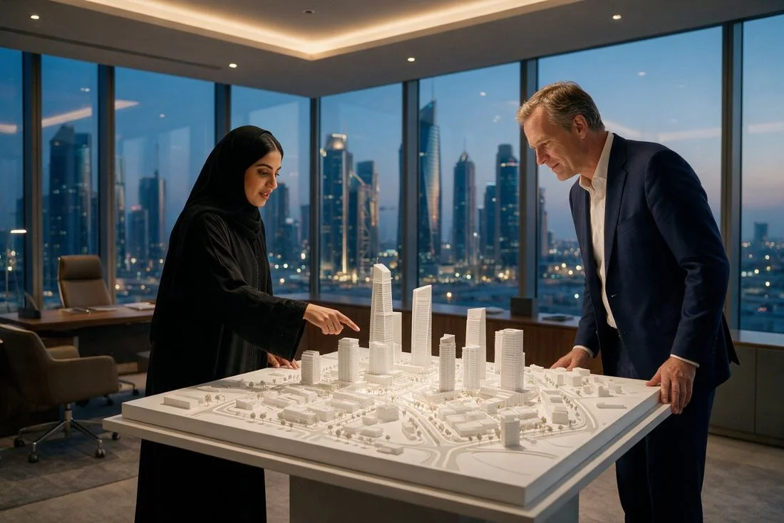 Investor and free zone adviser reviewing an architectural model in a high-rise office