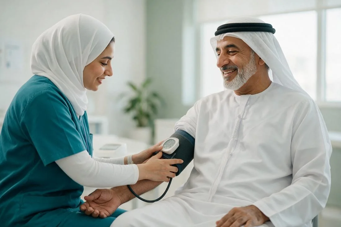 Nurse checking an Emirati man’s blood pressure in a public health clinic