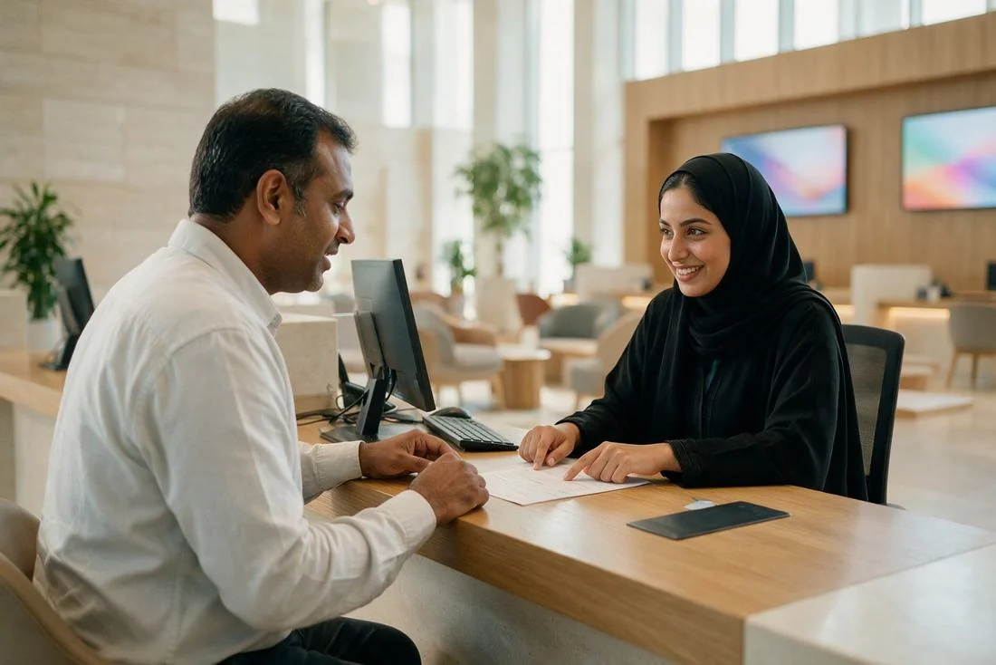 Customer service officer helping a resident at a government service centre desk
