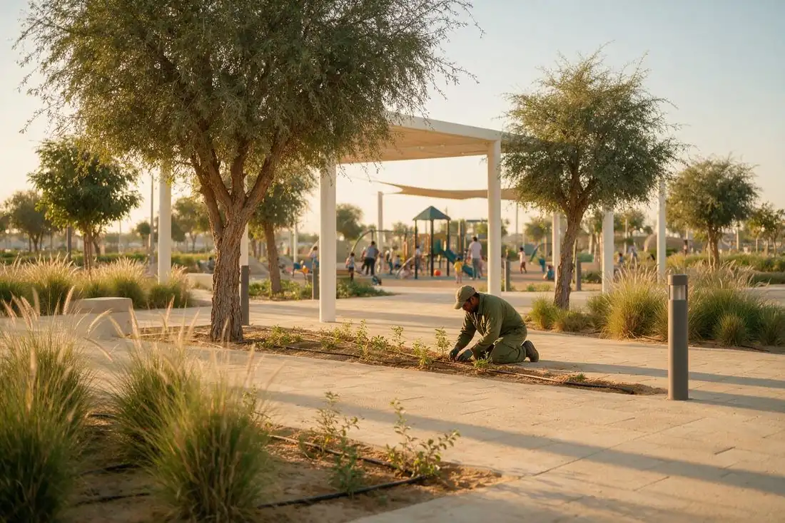 Municipal worker tending plants in a landscaped public park at sunset