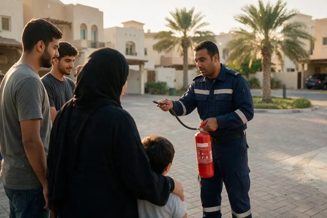 Civil defence officer showing a family how to use a fire extinguisher