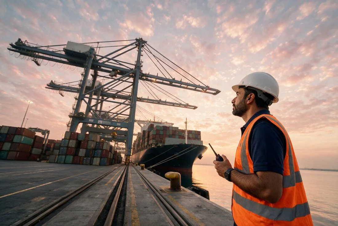 Port worker in safety gear at a container terminal with cranes at sunrise