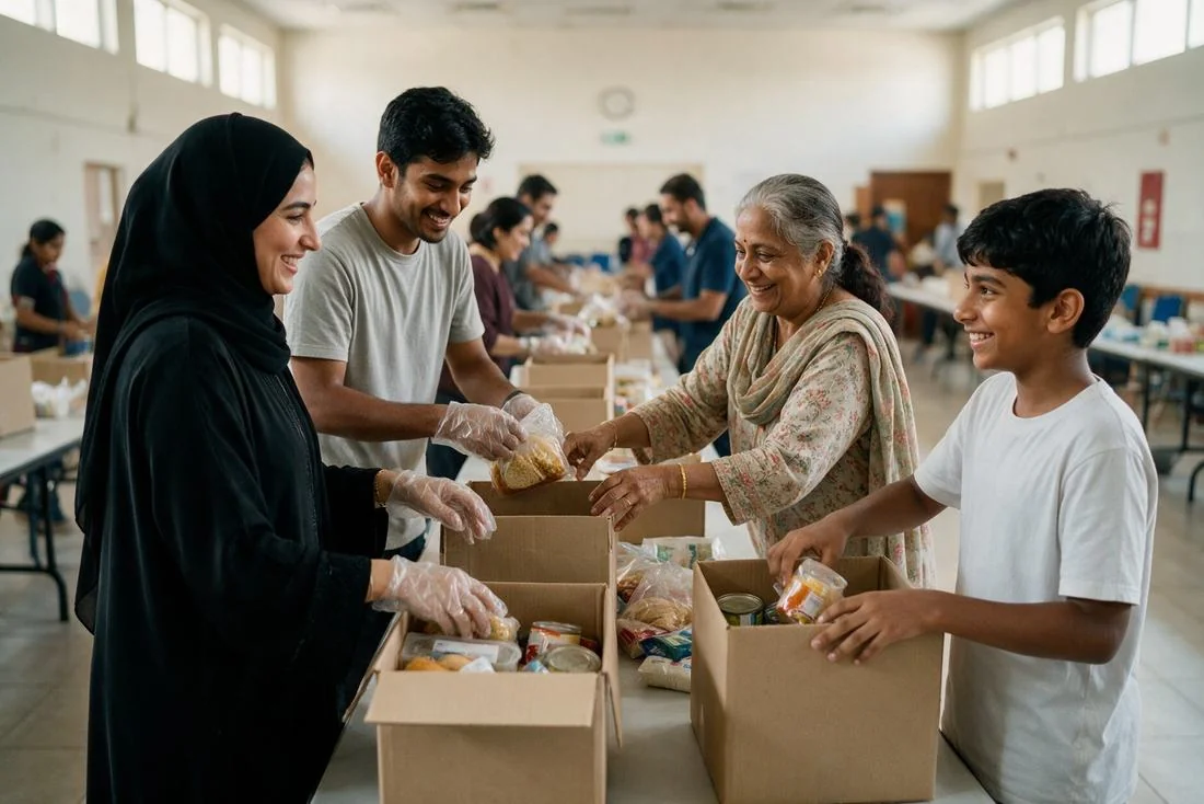 Volunteers and residents packing donation boxes at a community centre