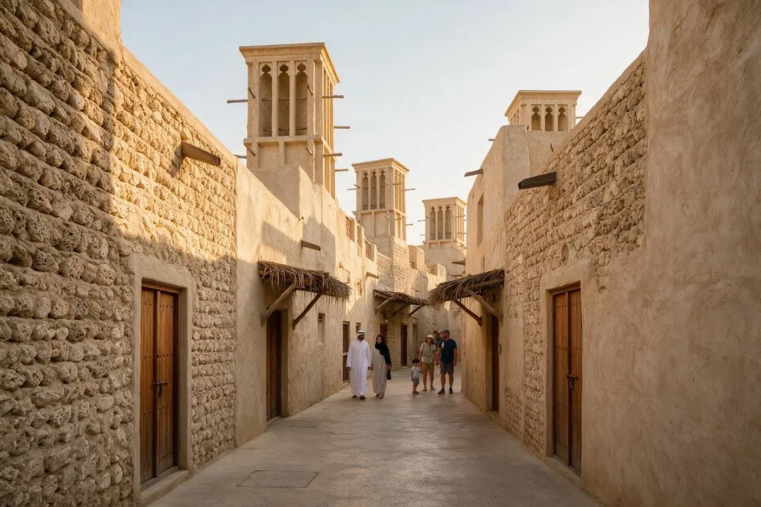 Narrow heritage lane lined with wind towers and traditional buildings in old Dubai