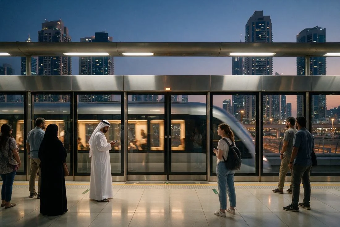 Passengers waiting on an elevated metro platform as a train arrives at dusk