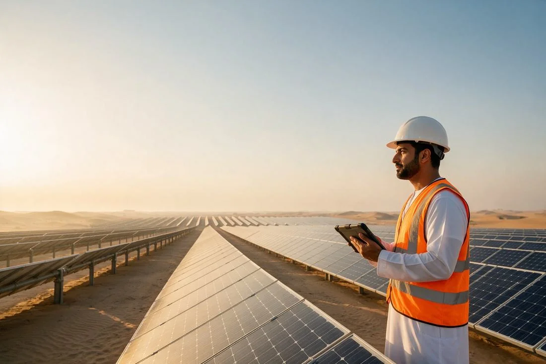 Engineer with a tablet inspecting a solar panel field in the desert at sunrise