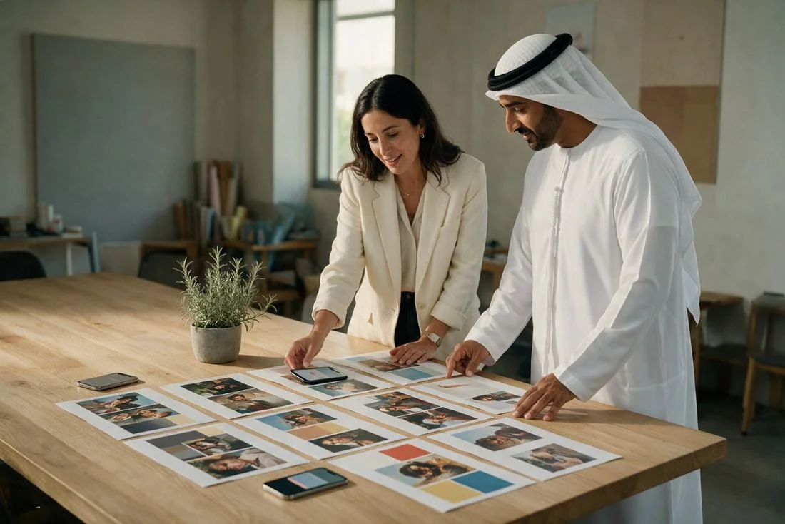 COLAB strategist and an Emirati government official reviewing printed campaign layouts together