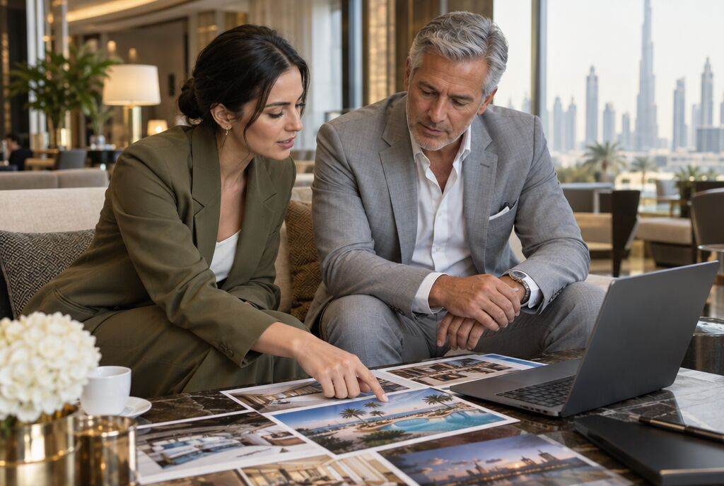 A COLAB strategist and a hotel director of sales reviewing photography and a website together in a Dubai hotel lounge