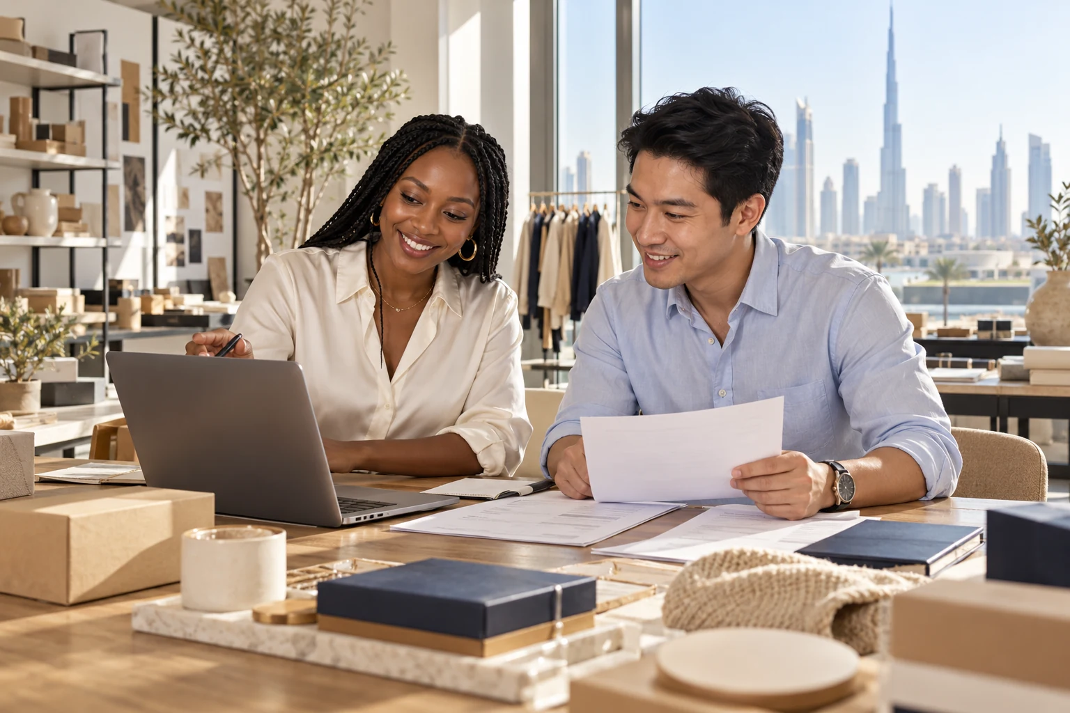 Two business owners reviewing finance documents and a laptop in a Dubai office