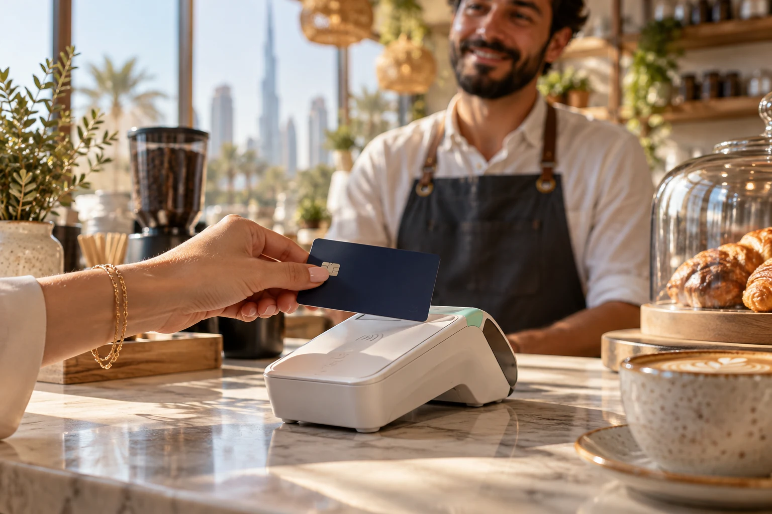 Customer tapping a card on a contactless payment terminal at a Dubai café counter