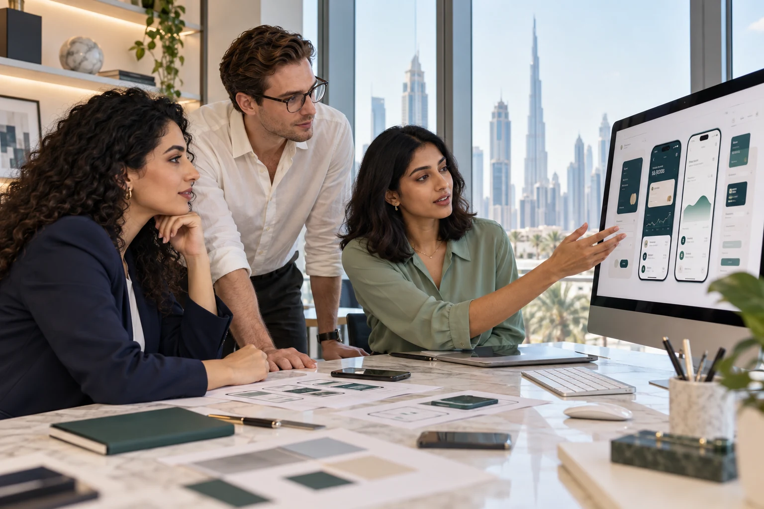 Product designers reviewing mobile banking app screens on a large monitor in a Dubai office