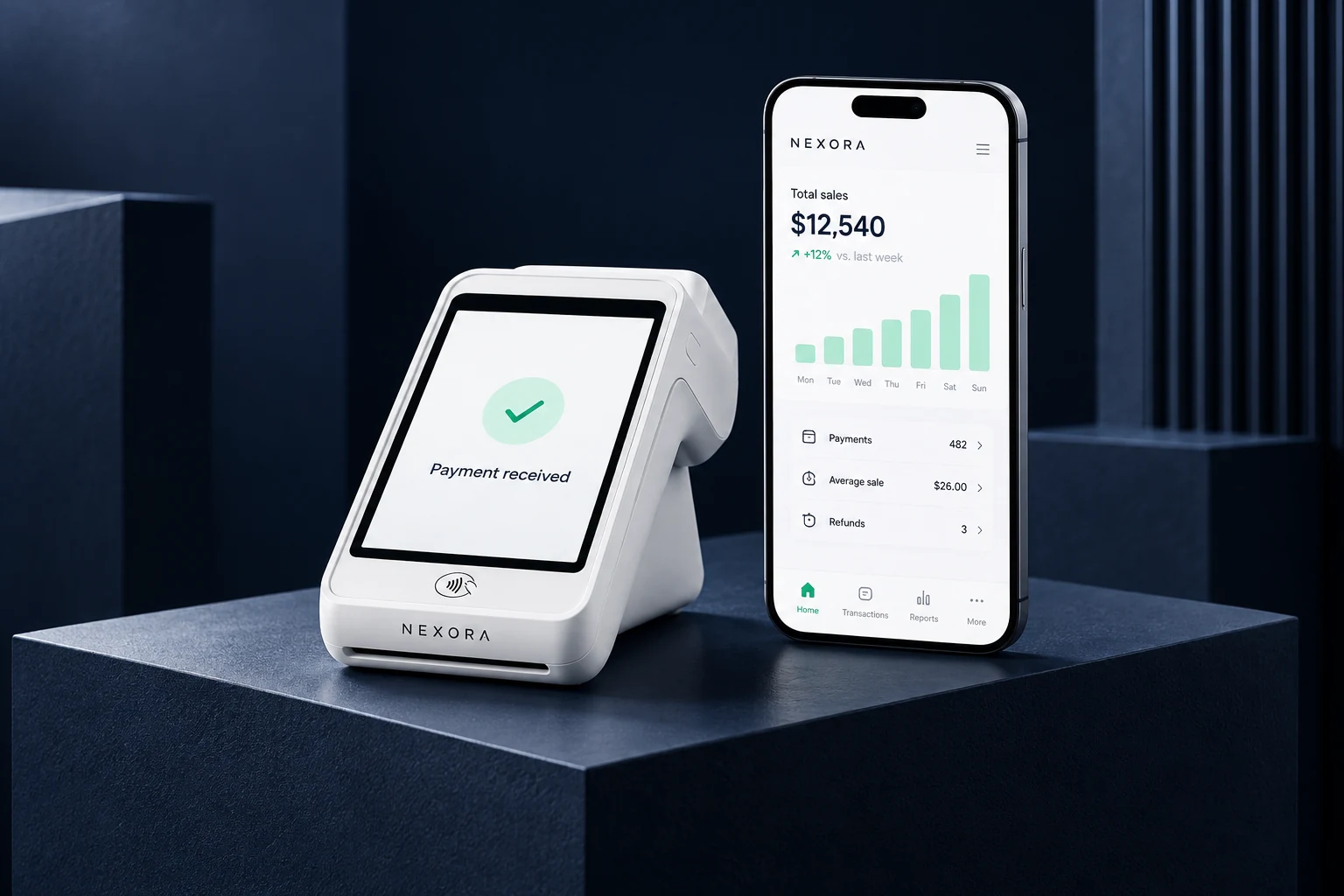 NEXORA Payments brand concept: card terminal confirming a payment beside a merchant sales app