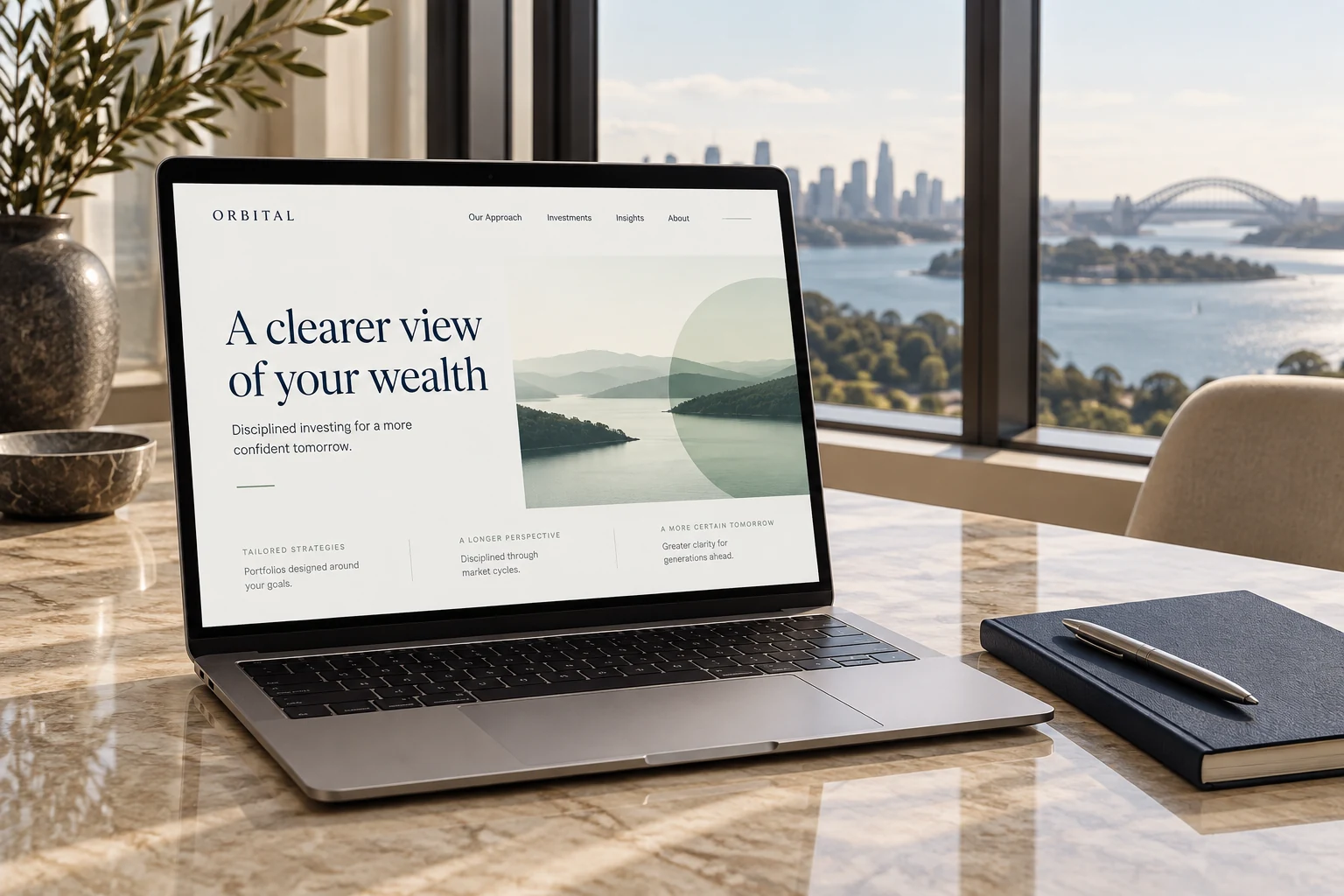 ORBITAL Wealth brand concept: wealth management website on a laptop with a waterfront skyline view