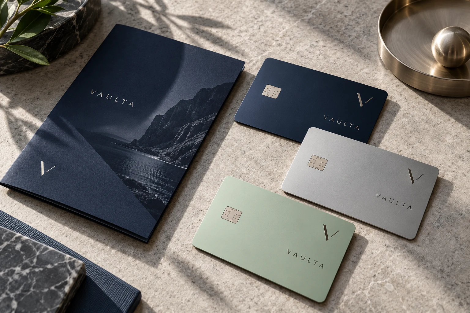 VAULTA Banking brand concept: navy, silver and sage debit cards with a branded welcome booklet